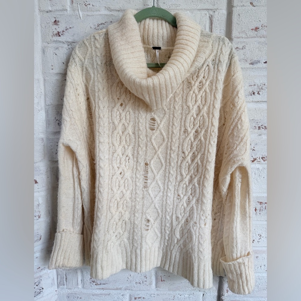 Free People Cowl Neck Distressed Lightweight Sweater Oversized Cream- Size M